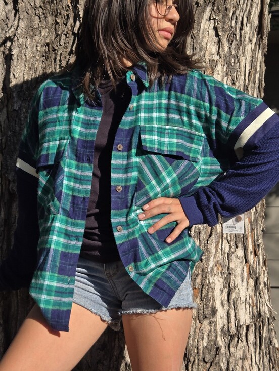 SO Tops - NWT Plaid Green & Blue Button-Up Shirt with Navy Flannel Sleeves, Size Juniors S